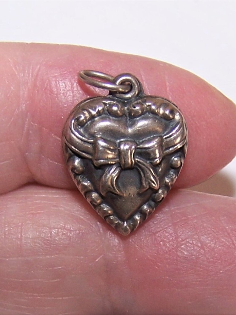 Sterling Silver Puffy Heart Charm - Ribbon Bow Front